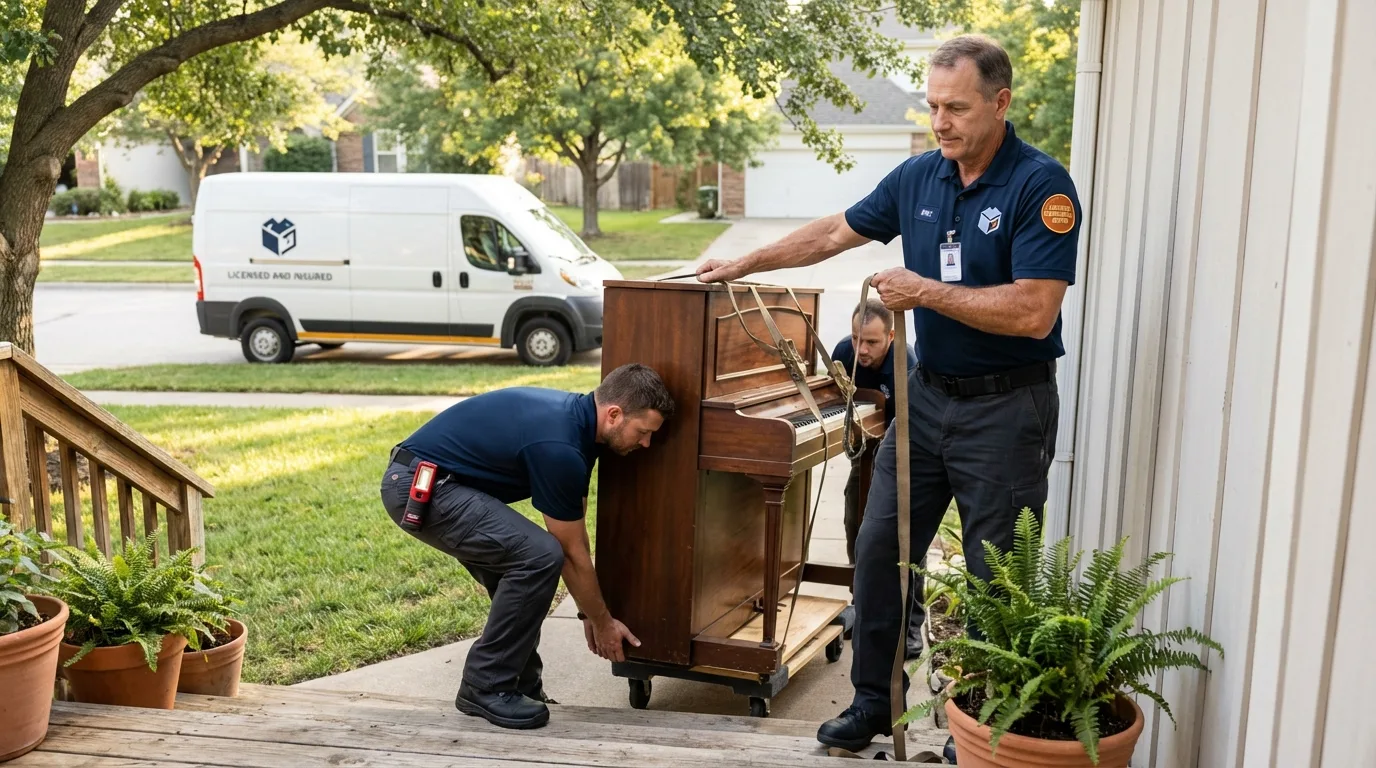 Licensed piano movers securing grand piano in Itasca, IL
