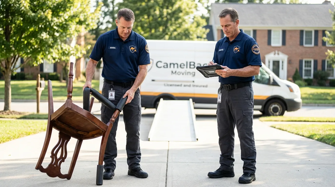 Movers inspecting furniture for damage prevention before loading in Itasca, IL